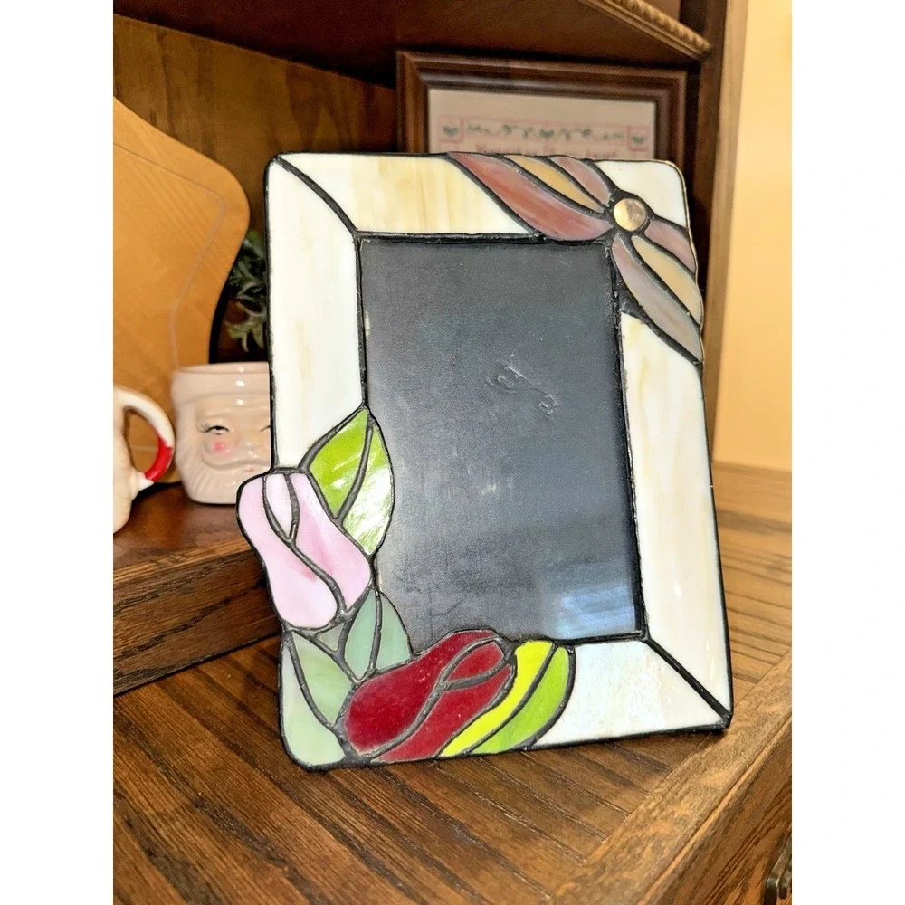 Vintage Colorful Stained Glass Picture Photo Frame W 3D Rose Floral Motif 1990s